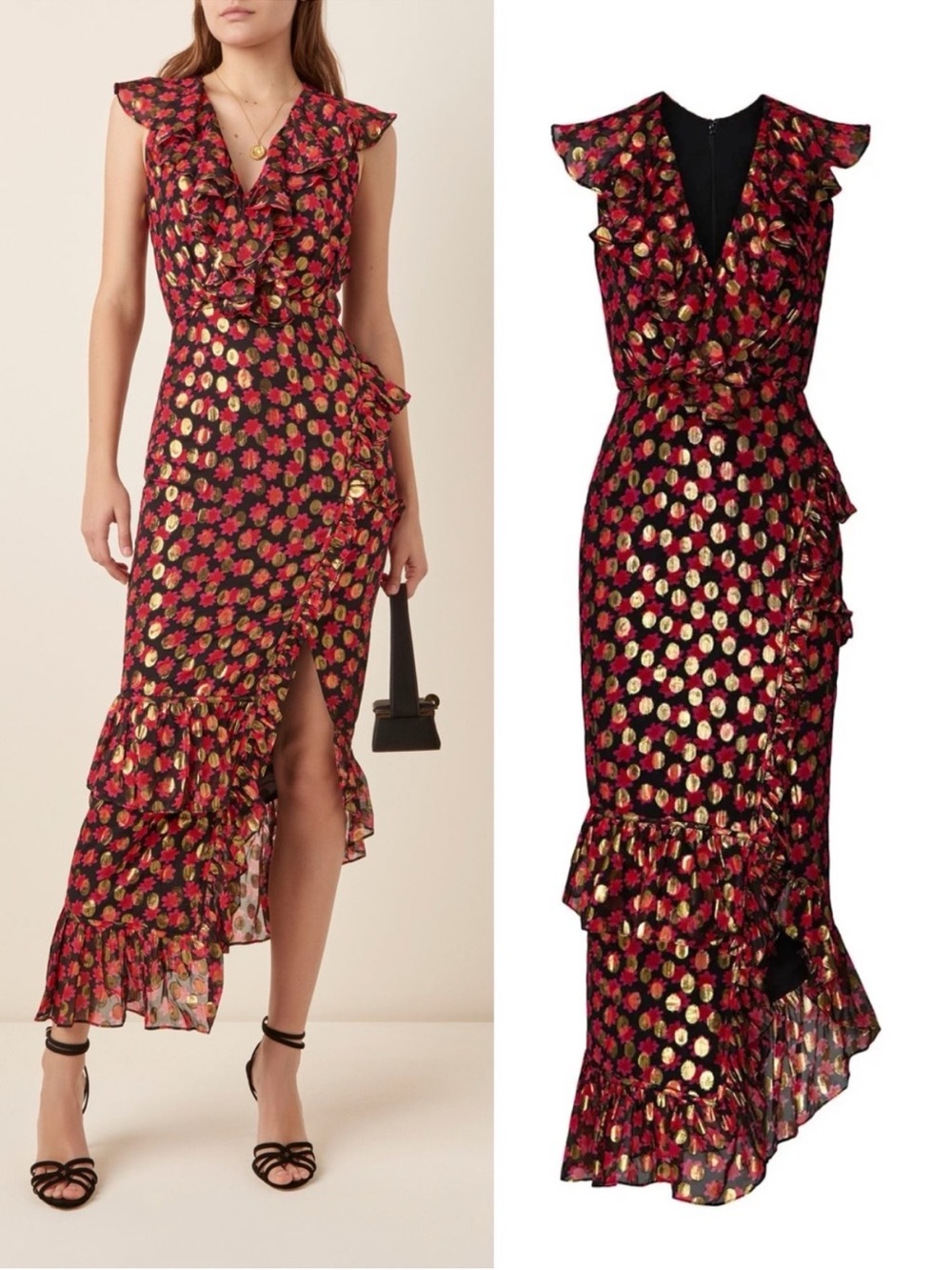 SALONI Anita Silk Ruffled Fil Coupe Chiffon Maxi Dress in Scarlet Daisy Size 10